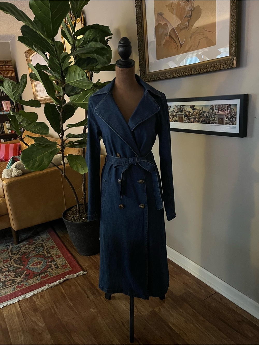 Skies Are Blue Navy Denim Trench Coat with Tie Belt